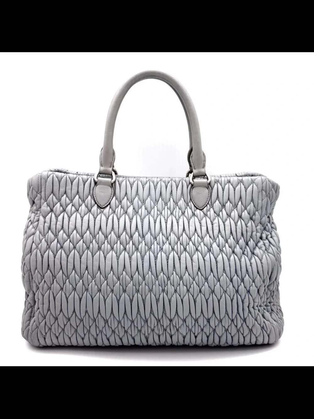 Miu Miu Silver-Gray Quilted Tote with Crystal-Embellished Chain